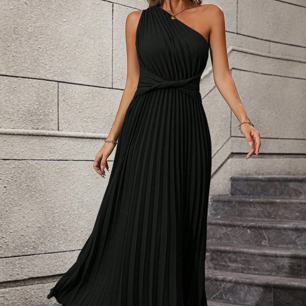 Black Casual Womens One Shoulder Twist Front Pleated Hem Dress - Picture 4 of 5